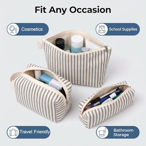 Beayuva 3-Piece Canvas Makeup & Toiletry Bag Set - Blue Pinstripes, Travel Organizer