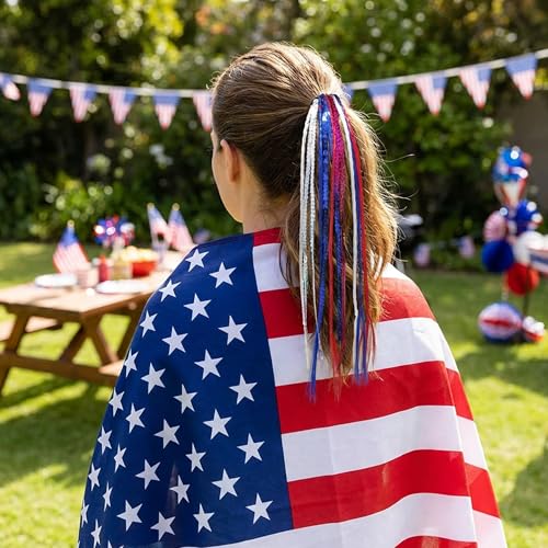 4 Pack Patriotic 4th of July Ponytail Hair Extensions Red White Blue Elastic Hair Ties