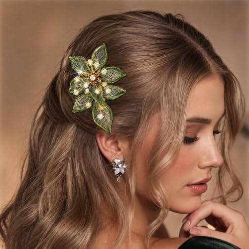 CASDRE Sage Green Rhinestone Bridal Hair Comb - Vintage Floral Wedding Clip