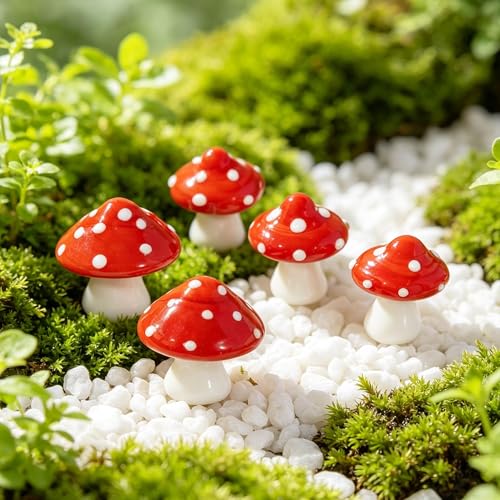 Handcrafted Miniature Glass Mushroom Figurines Set - 5pcs