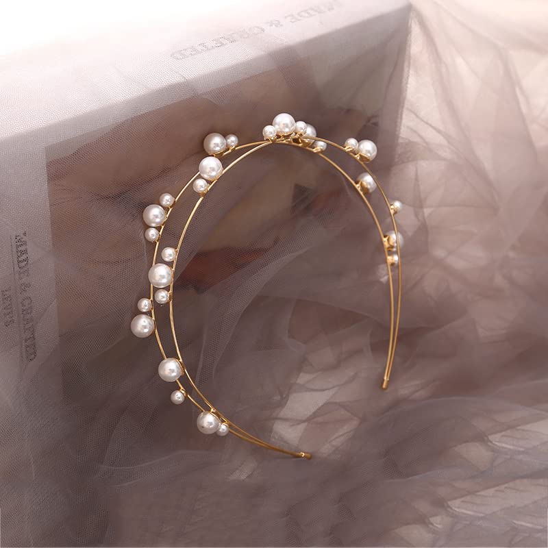 Gold Double Layer Pearl Beaded Headbands Bridal Hair Accessories for Women & Girls