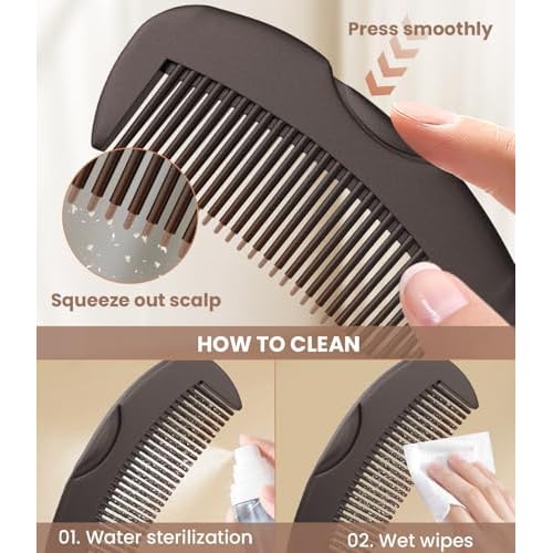 Self-Cleaning Dandruff Comb 2-Pack Set, Hollow Teeth Button-Release Scalp Detox, Fine Tooth 0.5mm & 2mm for Nits Buildup Removal, Women Men Kids, Stainless Steel Ergonomic Anti-Slip Hair Care Tool