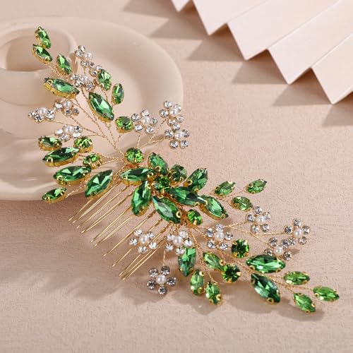Rumtock Emerald Bridal Hair Comb Handmade Gold Wedding Hair Accessory for Women