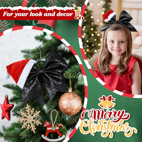 DEEKA Black Glitter Santa Hat Cheer Bow 7" Holiday Hair Accessory for Girls Women