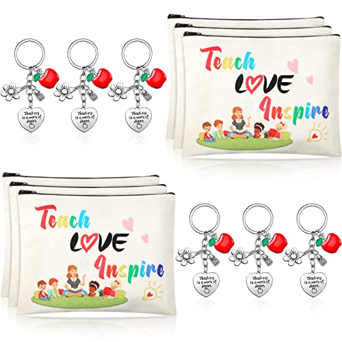 Teacher Appreciation Gift Set - 6 Canvas Makeup Bags & Keychains