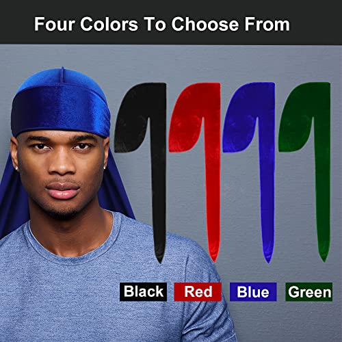 Men's Velvet Durags with Long Tail - 4 Pack (Black, Red, Blue, Green)