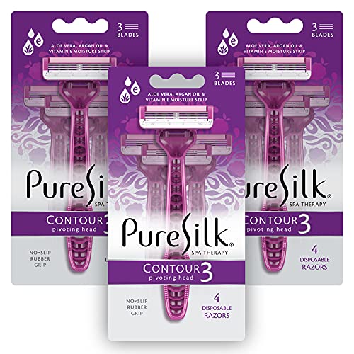 Pure Silk Disposable Female Razors - 3 Pack, 12 Count, Moisturizing Blades