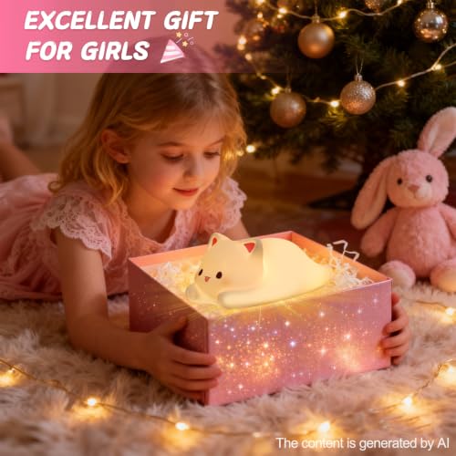 LOVERUIS Cat Night Light for Kids - Colorful Dimmable Nursery Lamp