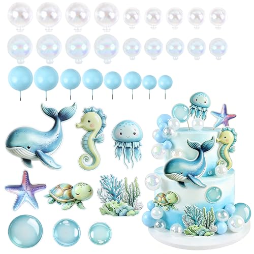 Under the Sea Birthday Cake Toppers Set - 33Pcs Ocean Animals & Bubble Balls