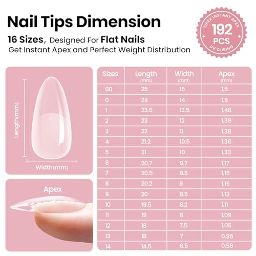 Beetles Tipex Instant Apex Nail Tips Medium Almond 192pcs, 16 Sizes, Structured C-curve