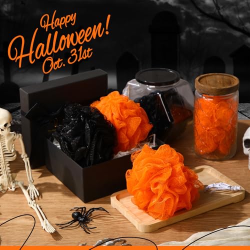 FuWeave 12-Pack Halloween Black and Orange Bath Loofah Sponges - Exfoliating Shower Scrubbers