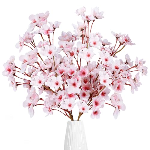 Artificial Cherry Blossom Flowers - 4 Faux Silk Stems for Home Decor