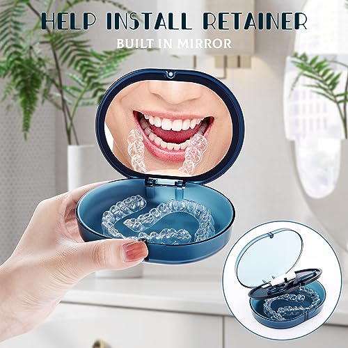 LONGMON Blue Double-Layer Retainer Storage Case with Removal Tool, Cleaning Brush & Built-in Mirror