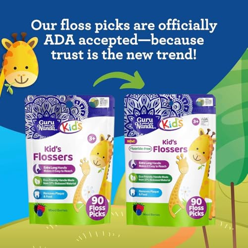 GuruNanda Giraffe Dental Floss Picks for Kids, Berry Flavor, 90 Count