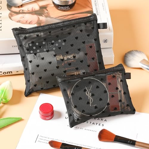 TRAKWAN 4-Piece Heart Mesh Makeup & Toiletry Bag Set - Black Travel Organizer