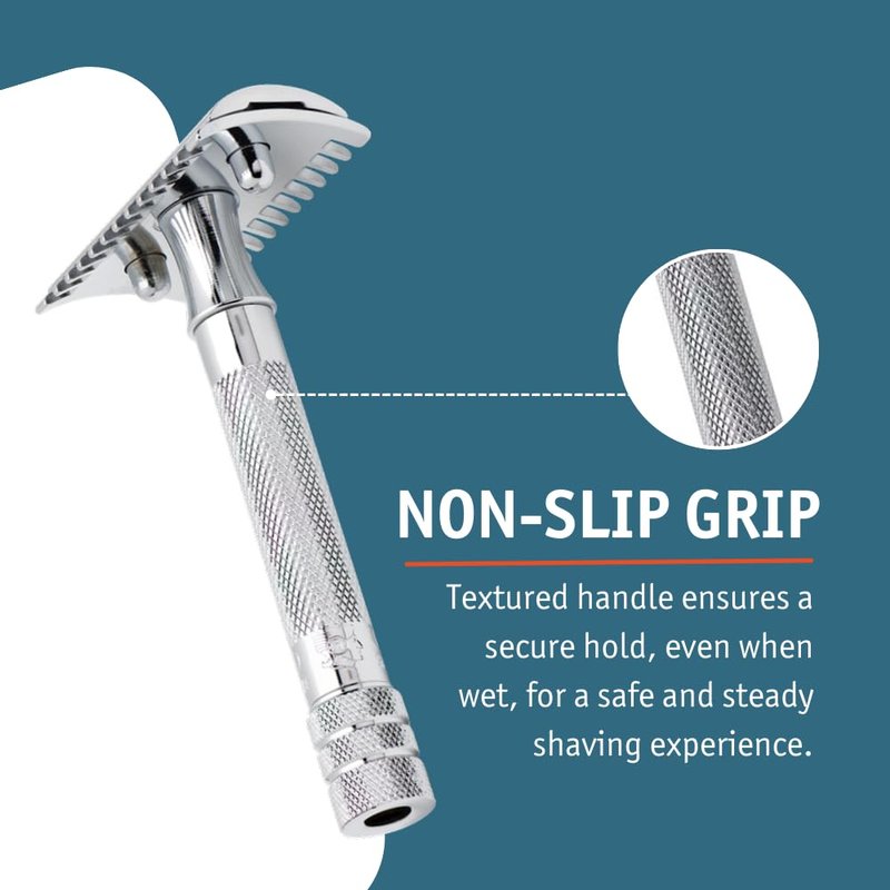 MERKUR 15C Double Edge Safety Razor in Bright Chrome with an Open Comb Design, Standard Handle, Made in Germany, Plastic-Free, Three-Piece Design, and Straight Bar