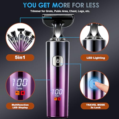 Back Shaver for Men, LED Display, 5 in 1 Mens Back Shaver Rechargeable with Long Handle, Safety Lock, IPX7, Multi-Functional Back Trimmer for Men,(Purple)