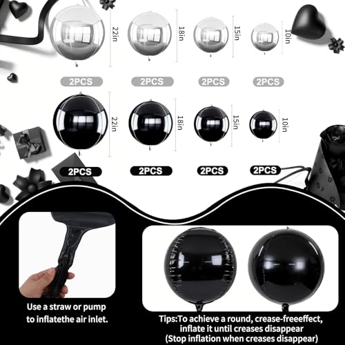 16Pcs 4D Black Silver Foil Balloons for Party Decorations
