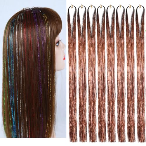 YUKAYULA 44 Inch Brown Glitter Hair Tinsel Extensions for Women & Kids - Sparkling Fairy Hair Accessories, 8 Pcs