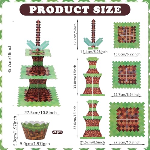 3-Tier Pixel Art Cupcake Stand with 24 Liners for Gaming Parties