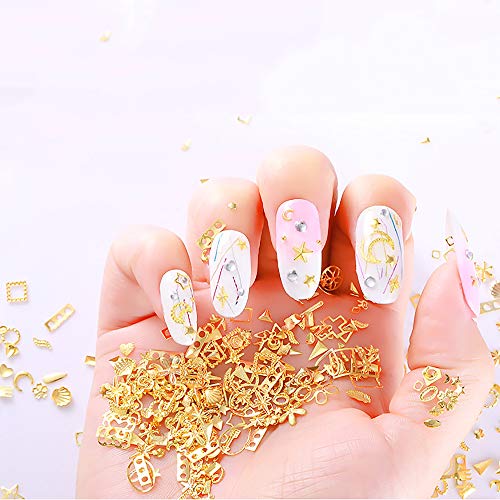 WOKOTO 3D Nail Charms Kit - Gold Nail Art Jewelry with Rose, Star, Moon, Feather Shapes, Includes Tweezers & Picker Pencil - Variation KIT3