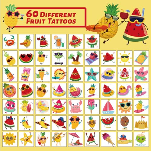 240 Pcs Summer Fruit Temporary Tattoos for Kids - 60 Designs