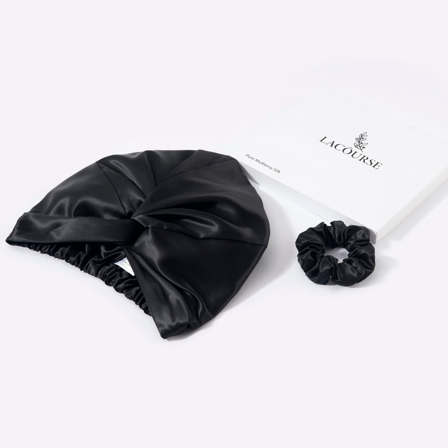 LaCourse Anti-Slip Adjustable Real 22 Momme 100% Mulberry Silk Bonnet with Scrunchie for Sleeping Women, Double-Layered Silk Hair Bonnet for Curly Hair, One Size (21-24 inch Head Size), Black