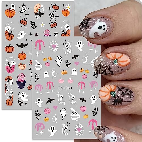 FUKIDOG Cute Halloween Nail Art Stickers Ghost Pumpkin Bat 3D Self-Adhesive Decals for Women & Kids - Halloween DIY Manicure Supplies, 6 Sheets
