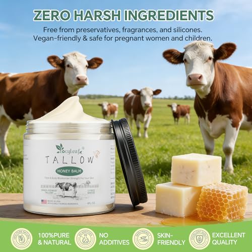 Beef Tallow Skin Care Balm with Honey – Organic Grass-Fed Nourishing Body Butter (4 oz), LOCYLEAF