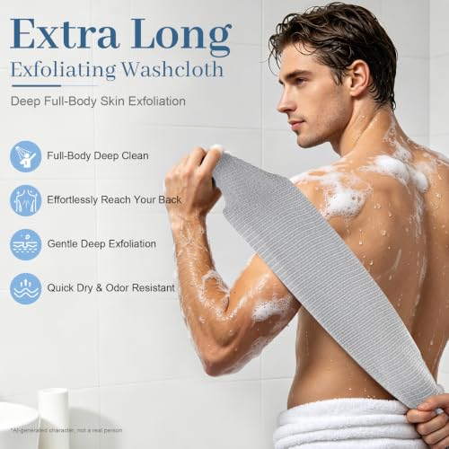 Gray Extra Long Exfoliating Shower Towel - Intensive Japanese Washcloth for Deep Skin Cleansing