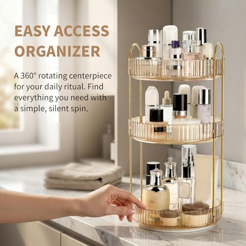 Cididu 360° Rotating Makeup Organizer with 3 Tiers, Large Capacity Cosmetic Storage Shelf