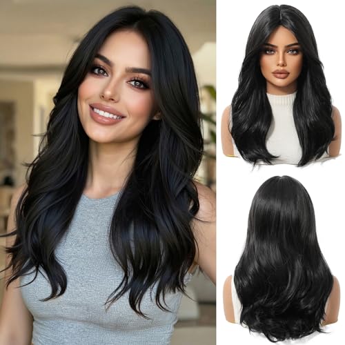 OUFEI Black Wig with Curtain Bangs - Natural Straight Curly Synthetic Hair (1291-4)
