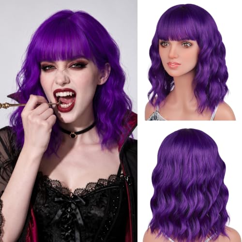 Cielo Hair 14 Inch Dark Purple Short Bob Wig with Bangs for Women & Girls