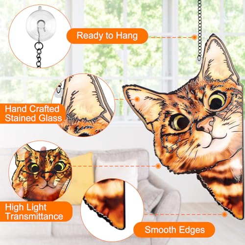 Stained Glass Window Hanging - Funny Peeking Cat Decor
