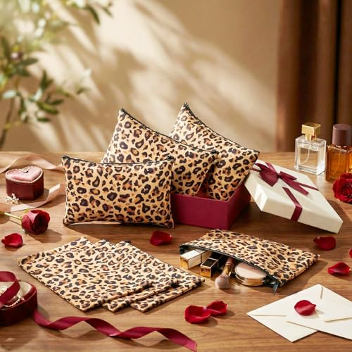 10 Pcs Leopard Makeup Bags - Canvas Cosmetic Pouches with Zipper