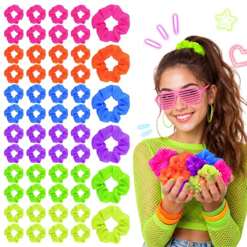 48 Pcs Neon Hair Scrunchies Bulk for Women - 80s Style Elastic Hair Accessories
