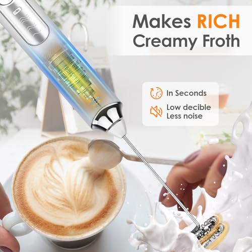 Rechargeable Handheld Milk Frother with 2 Whisks - 3 Speed Electric Mixer for Lattes & Matcha