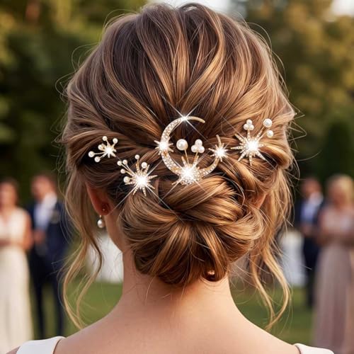 Gold Star Moon Hair Pins - Bridal Hair Accessories, Pack of 4
