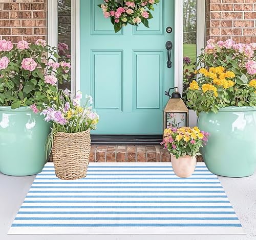 Hand-Woven Cotton Striped Front Door Mat 24"x35" - Washable Rug