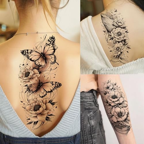 Toneoldshu Flower Butterfly Half Arm Sleeve Temporary Tattoos 71 Sheets for Women & Adults