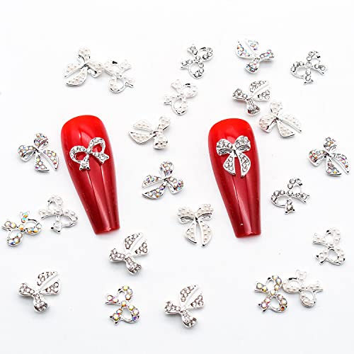 JERCLITY 30 Pieces Silver Bow Nail Charms – Bowknot Nail Studs with Iridescent/Clear Diamonds & Pearl