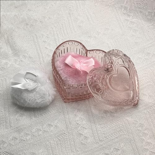 Pink Heart Glass Powder Puff Container with 2 Soft Puffs