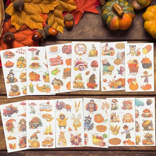 Glitter Thanksgiving Tattoos Set - 12 Sheets of Festive Designs