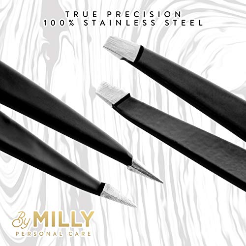 By MILLY Precision Tweezers Set - Slanted & Pointed Tips, Black