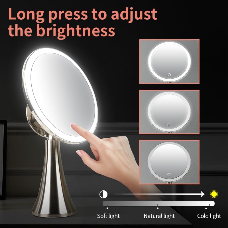 Lighted Makeup Mirror - 9-Inch Dual Magnifying 5x/10x | Adjustable Brightness, 360° Rotation, Rechargeable