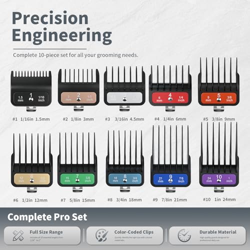 Grey 10-Pack Clipper Guard Set for Wahl Hair Clippers with Color-Coded Attachments