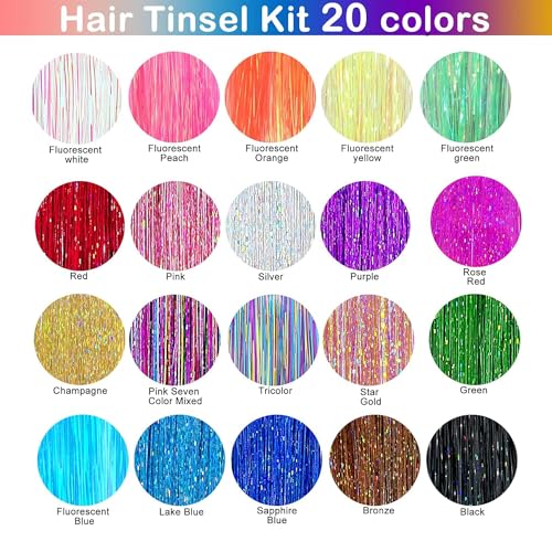 GTTUKK Fairy Hair Tinsel Kit - 6000+ Strands, 20 Colors, 48-inch Glitter Hair Extensions