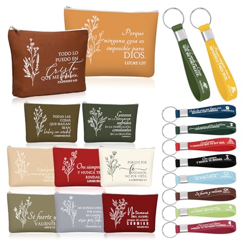Fumete Warm Color Spanish Bible Verse Keychain & Makeup Bag Set - 20 Pcs Christian Gifts for Women