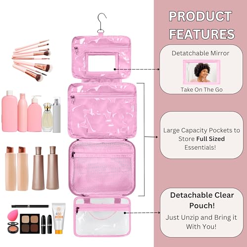 ESSENTE Women's Hanging Travel Toiletry Bag with Removable Pouch - Pink