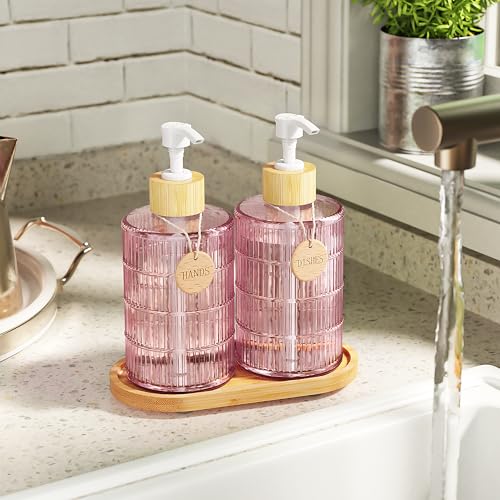 MASADI Soap Dispenser Set with Bamboo Tray for Kitchen & Bathroom